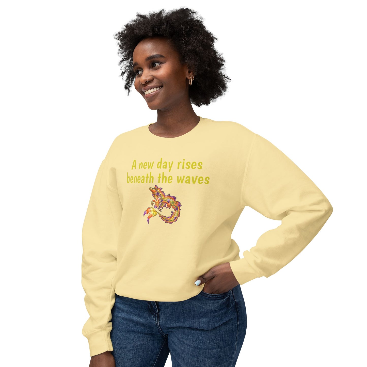 Sunrise Hippocampus – New Day- Golden Ocean Fantasy Art – Warm Fantasy Sea Creature Art- Unisex Crewneck