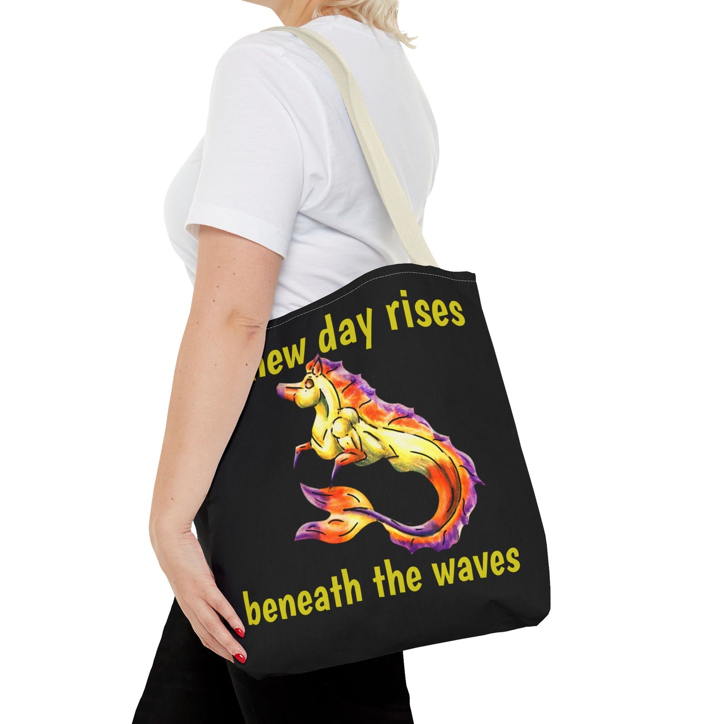 Chibi Sunrise Hippocampus – Golden Ocean Fantasy Art – Warm Fantasy Sea Creature Art-Double-Sided Tote Bag