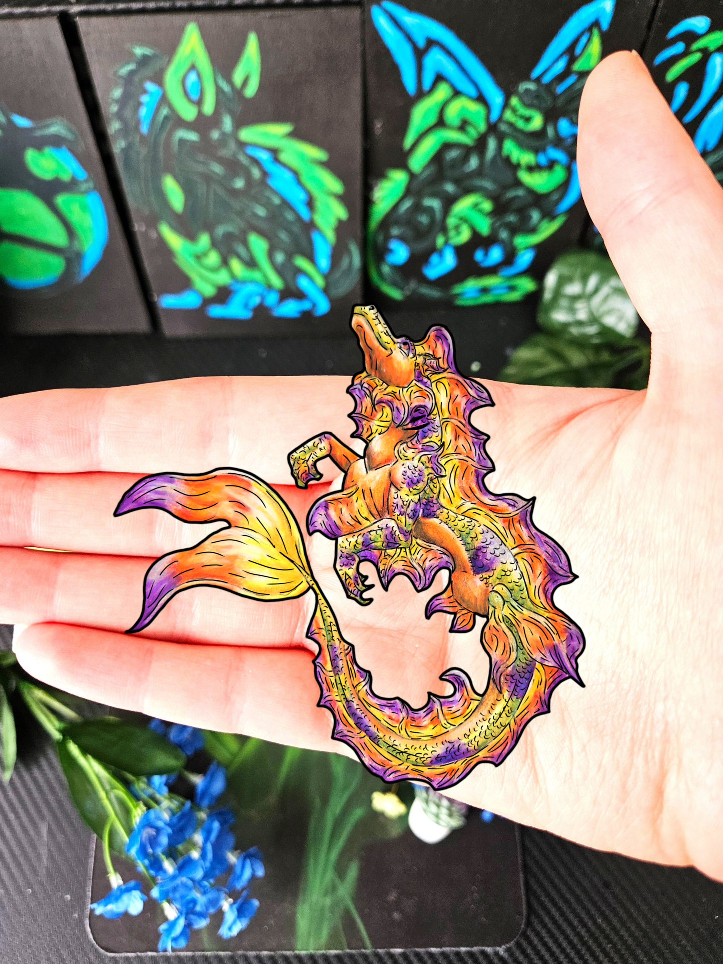Sunrise Hippocampus- Golden Ocean Fantasy Art – Warm Fantasy Sea Creature Art- Body Sticker