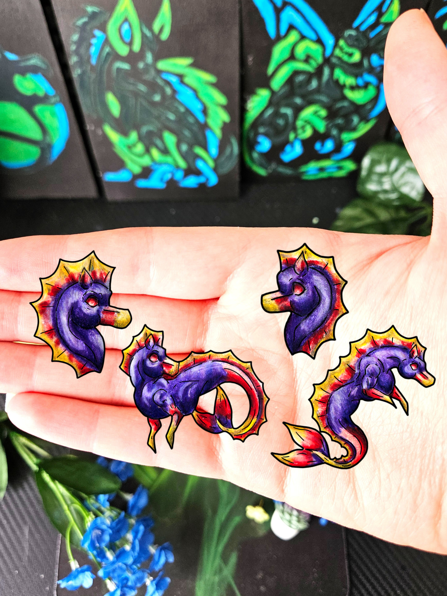 Chibi Sunset Hippocampus- Vibrant Ocean Fantasy Art- Marine Fantasy Illustration- 4pk Stickers