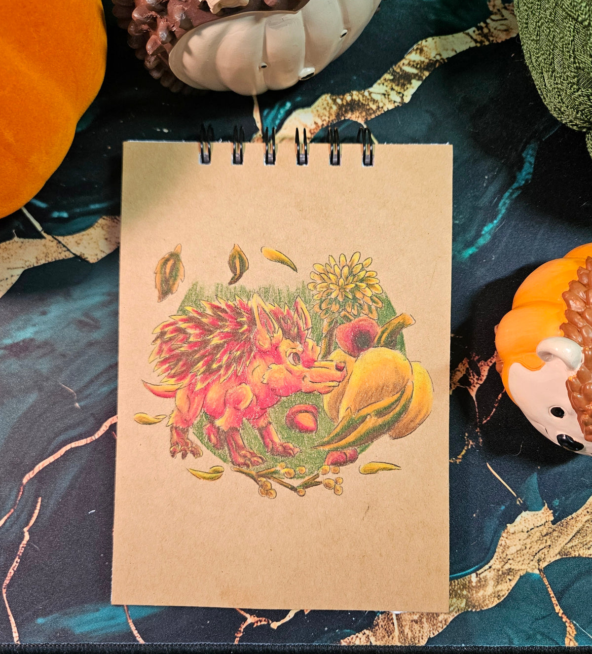 Handmade Sketchbook- Notebooks- Hedgehog and leaves