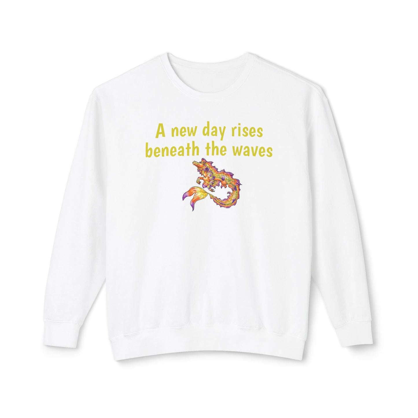 Sunrise Hippocampus – New Day- Golden Ocean Fantasy Art – Warm Fantasy Sea Creature Art- Unisex Crewneck