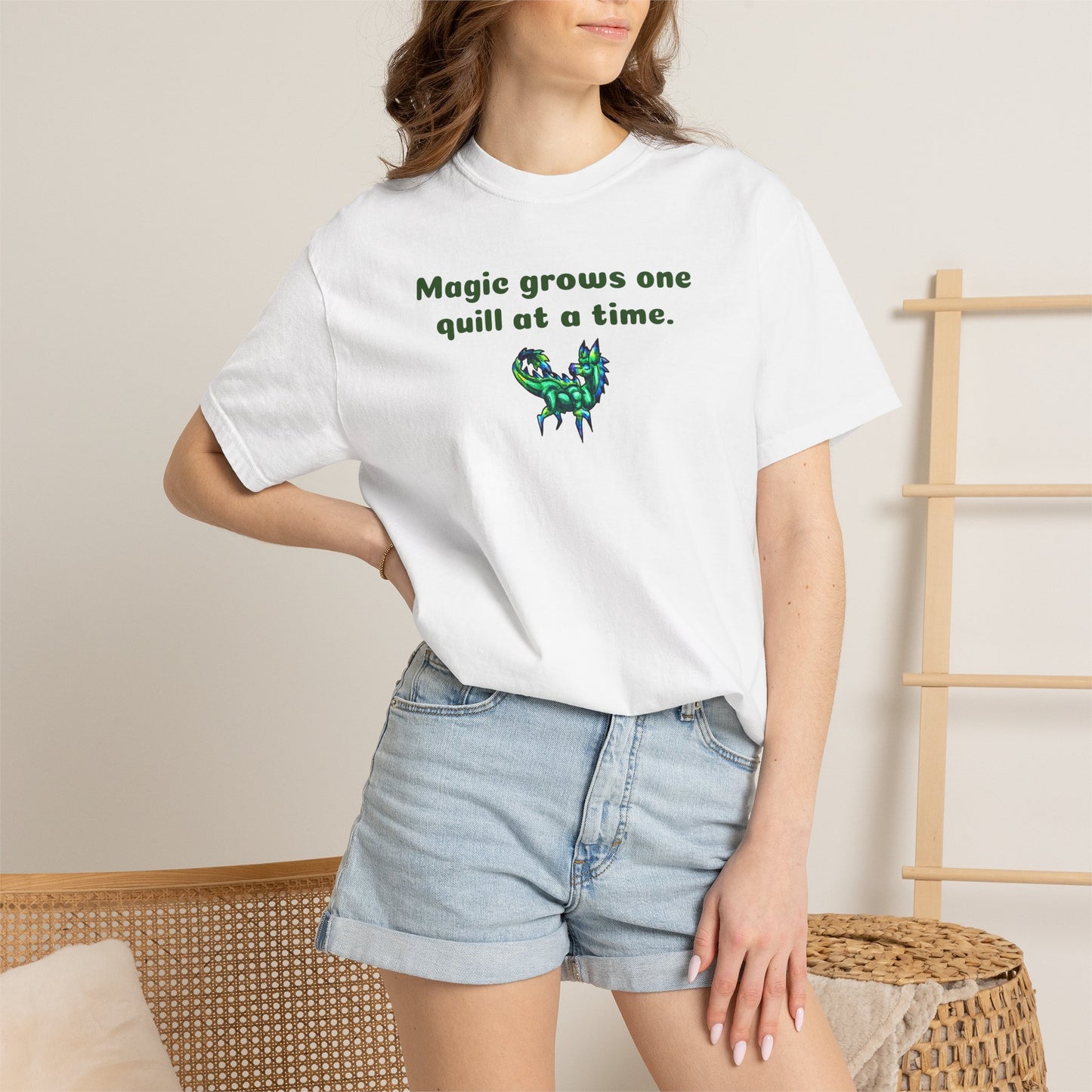 Chibi Arlathia the Hedgehog- Magic Quill- Green Creature Drawing - Cute Animal Illustration- T-shirt