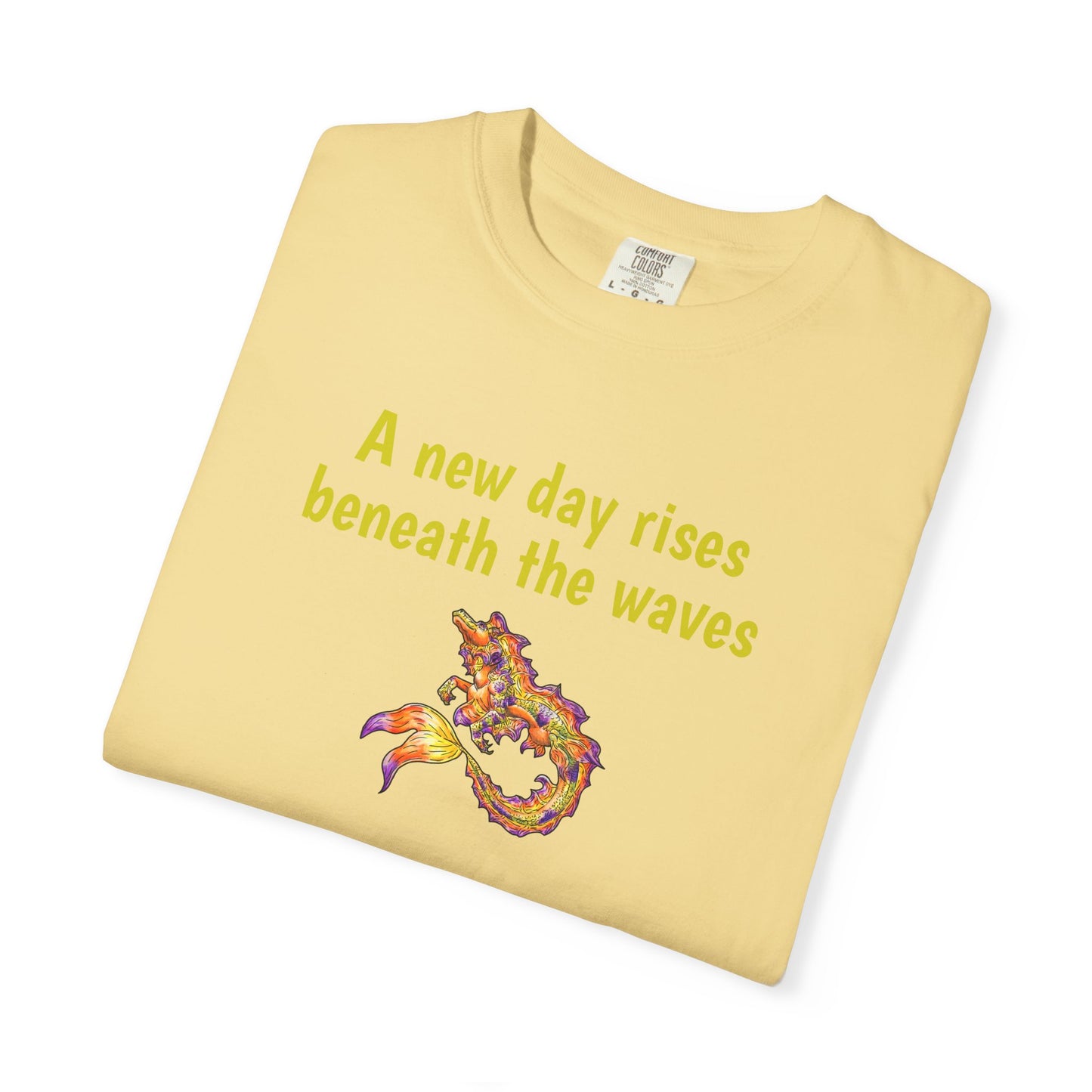 Sunrise Hippocampus – New Day- Golden Ocean Fantasy Art – Warm Fantasy Sea Creature Art- T-Shirt