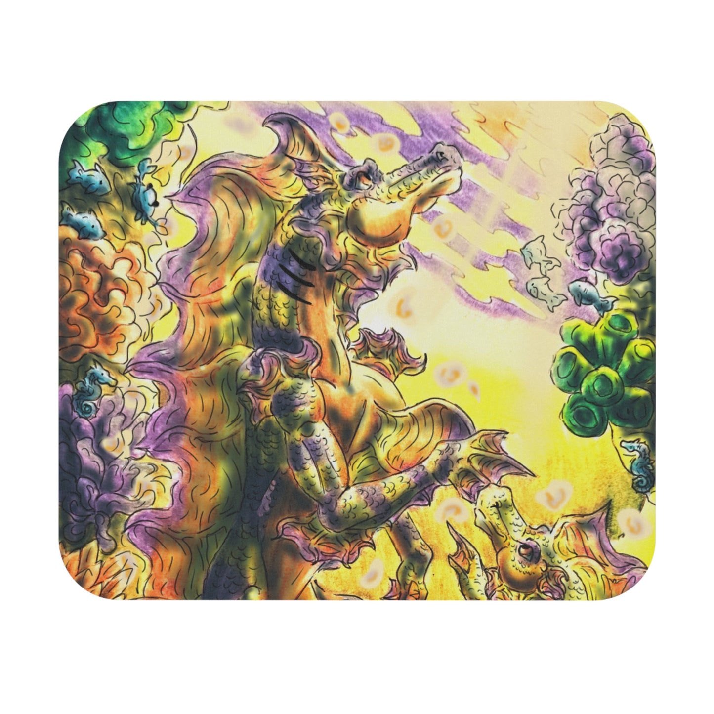 Sunrise Hippocampus – Golden Ocean Fantasy Art – Warm Fantasy Sea Creature Art- Mouse Pad