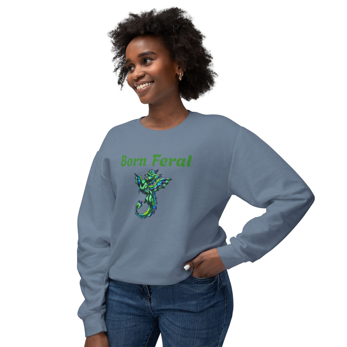Arlith- Emerald Chibi Dragon – Aggressive Green Fantasy Chibi Dragon– Born Feral Crewneck – Mythical Creature– Dragon Lover Gift Unisex Crewneck