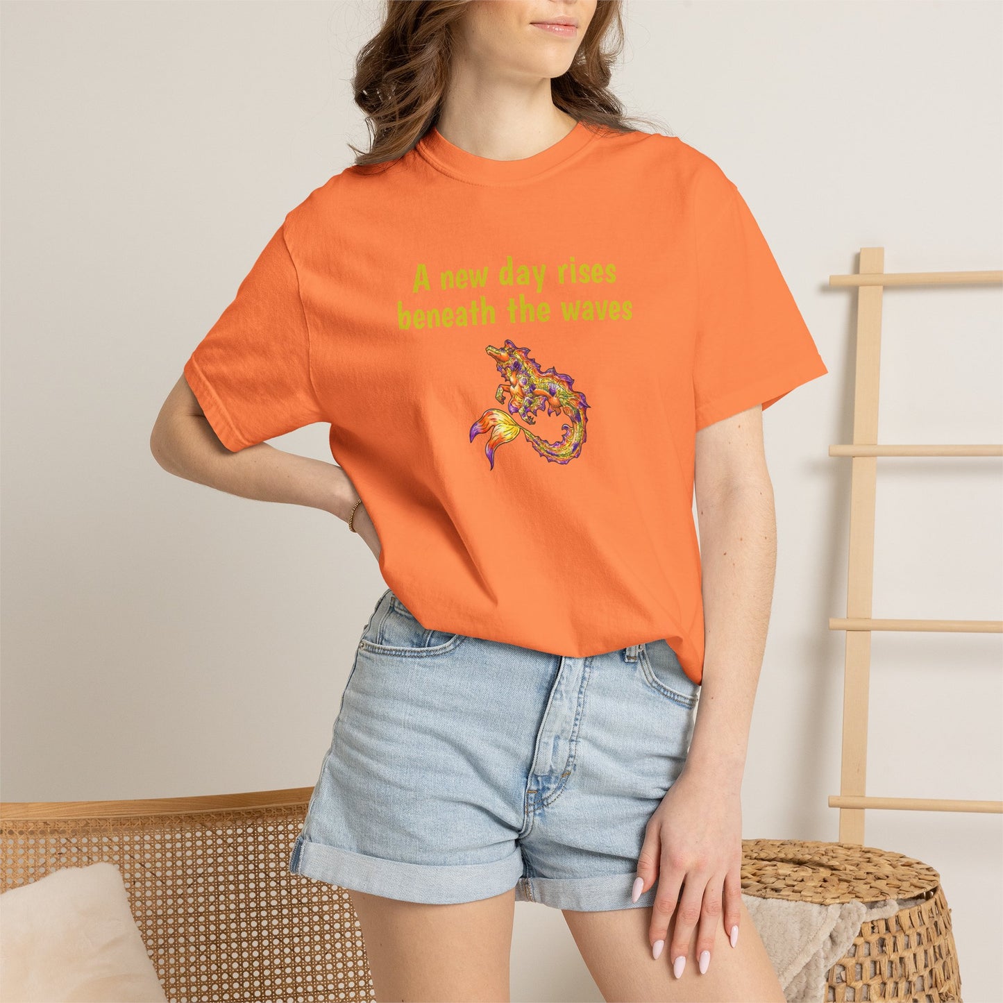 Sunrise Hippocampus – New Day- Golden Ocean Fantasy Art – Warm Fantasy Sea Creature Art- T-Shirt