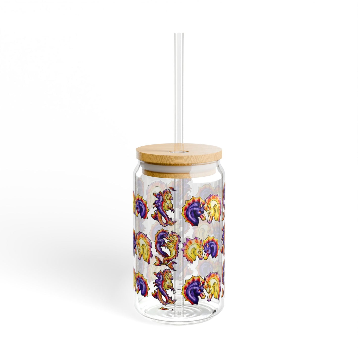 Chibi Dual Hippocampus – Pattern- Dual Ocean Fantasy Art – Hippocampus Pair- Glass Tumbler 16oz
