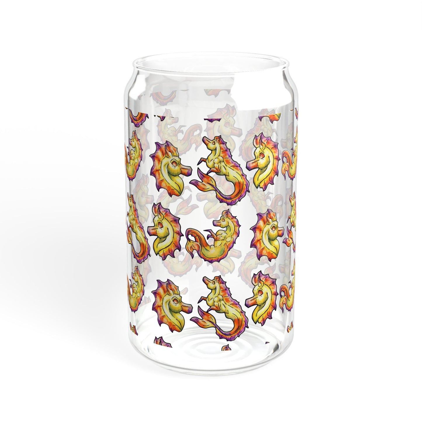 Chibi Sunrise Hippocampus – Pattern- Golden Ocean Fantasy Art – Warm Fantasy Sea Creature Art- Glass Tumbler 16oz