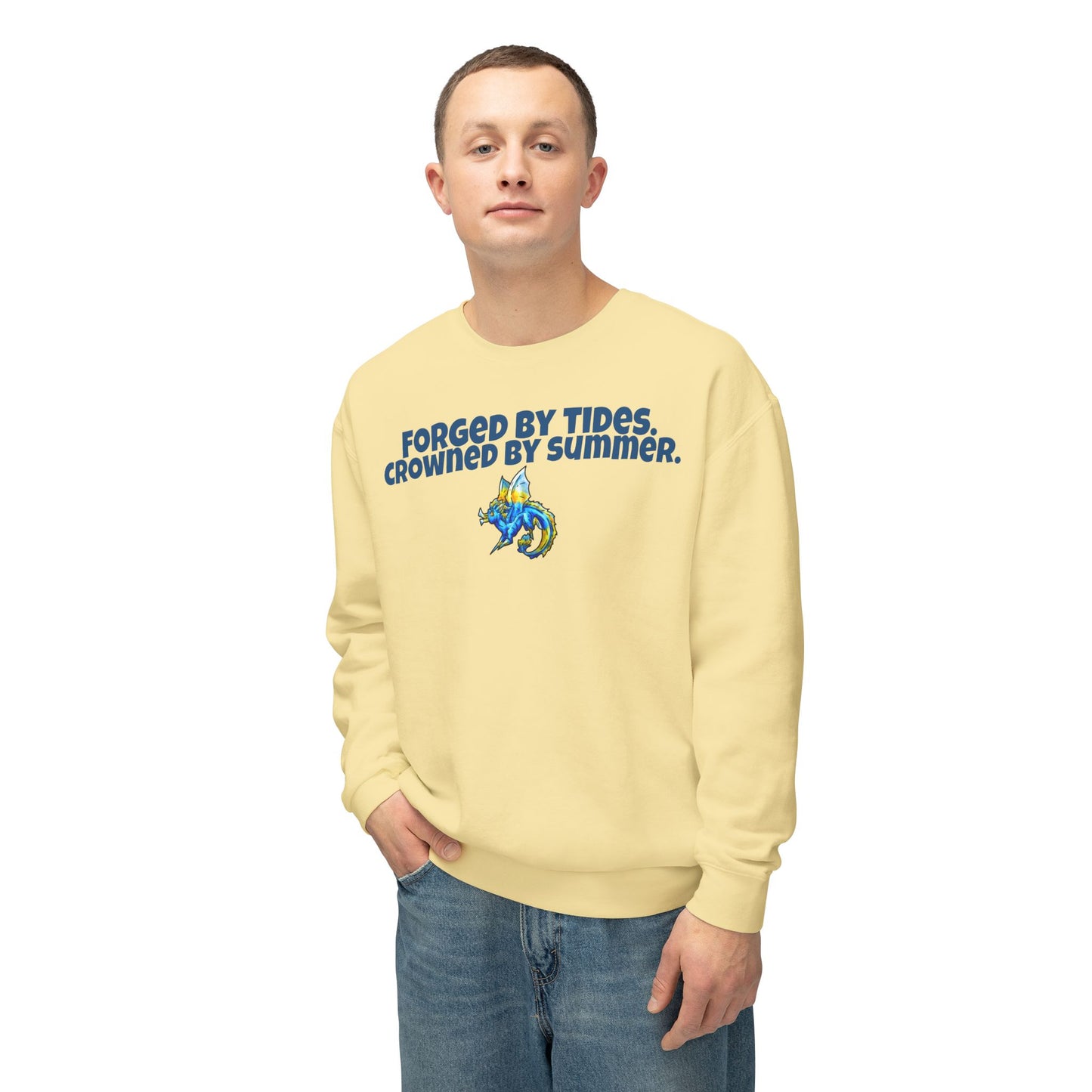 Chibi Summer Dragon- Forged & Crowned- Summer Fantasy- Sunlit Tide Dragon- Crewneck