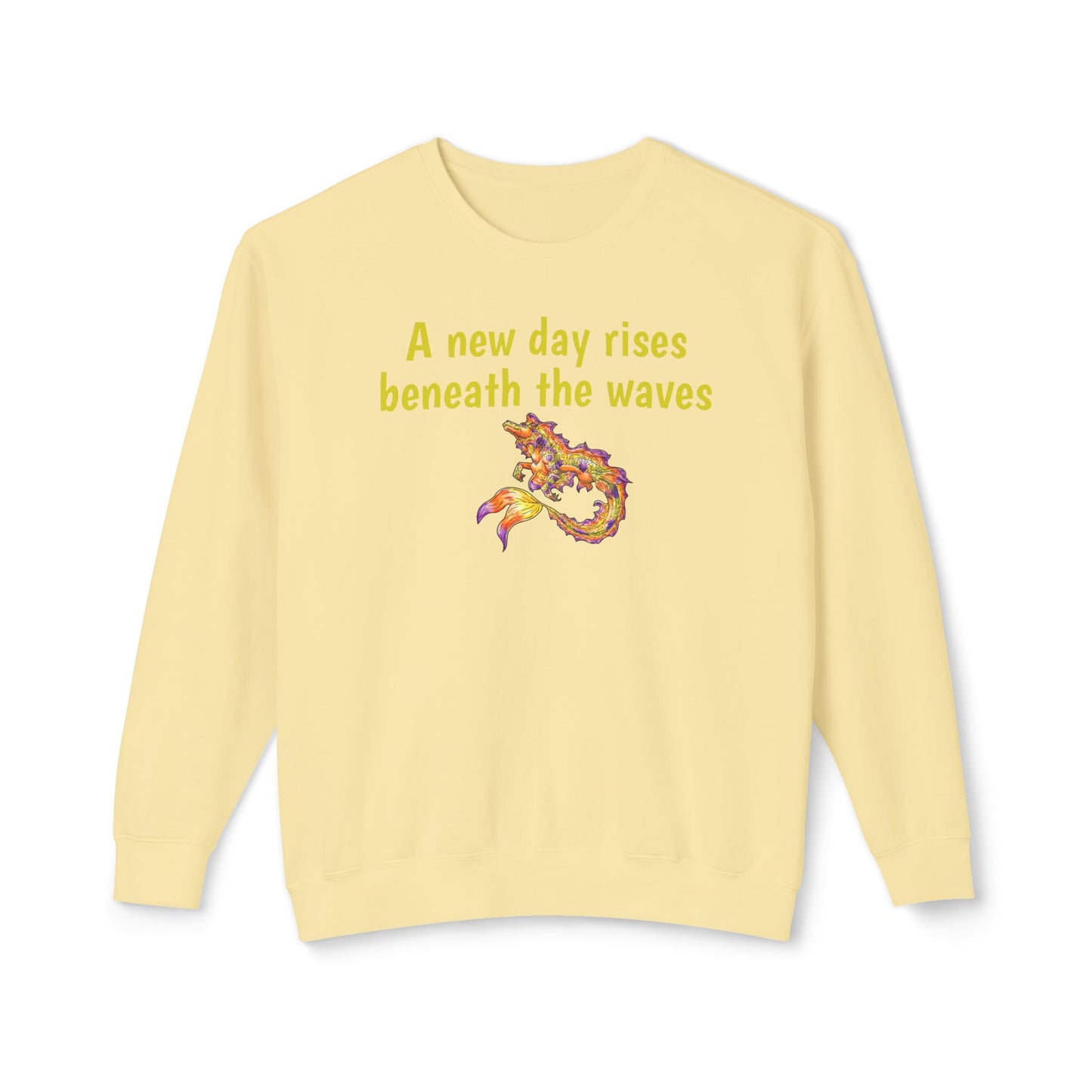 Sunrise Hippocampus – New Day- Golden Ocean Fantasy Art – Warm Fantasy Sea Creature Art- Unisex Crewneck