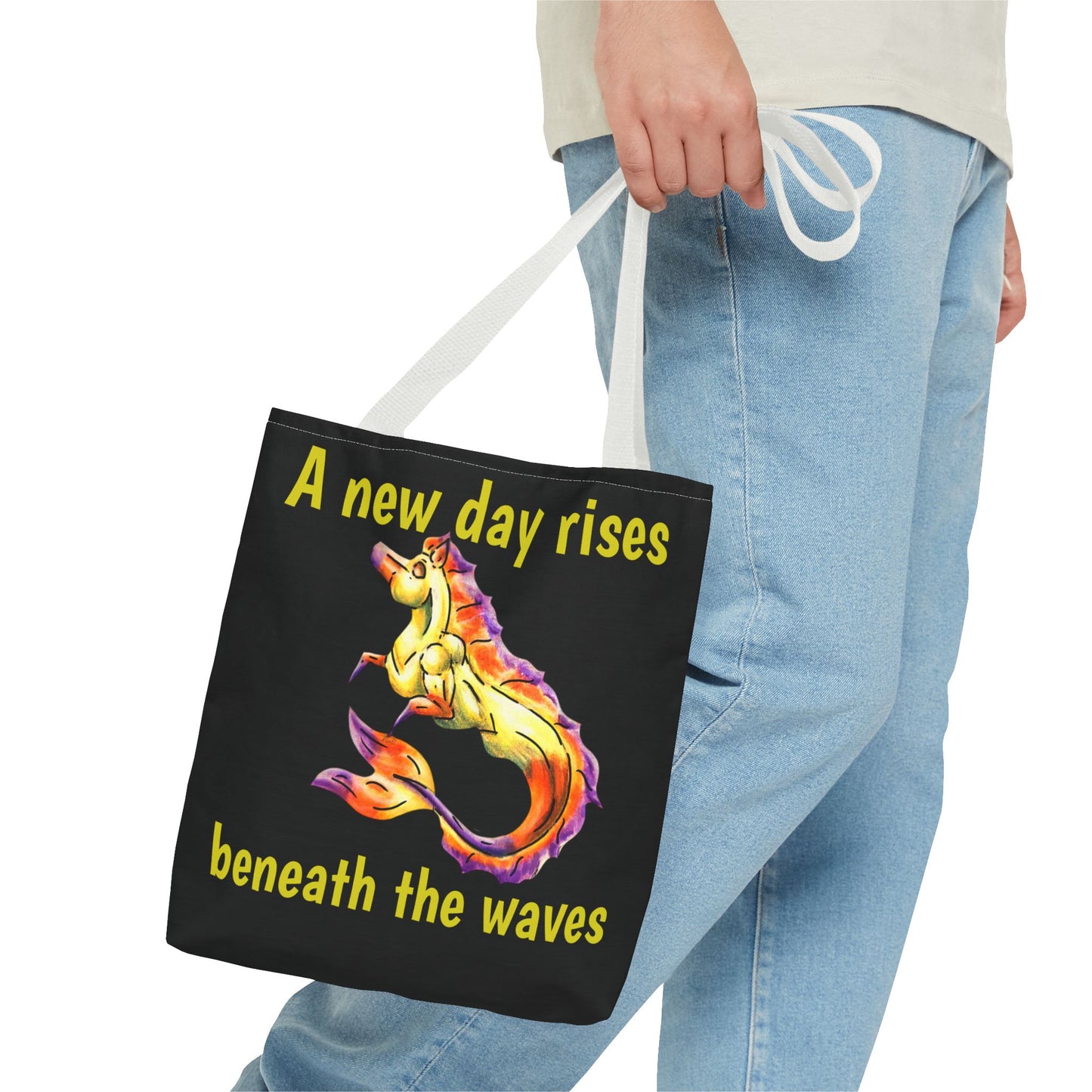 Chibi Sunrise Hippocampus – Golden Ocean Fantasy Art – Warm Fantasy Sea Creature Art-Double-Sided Tote Bag