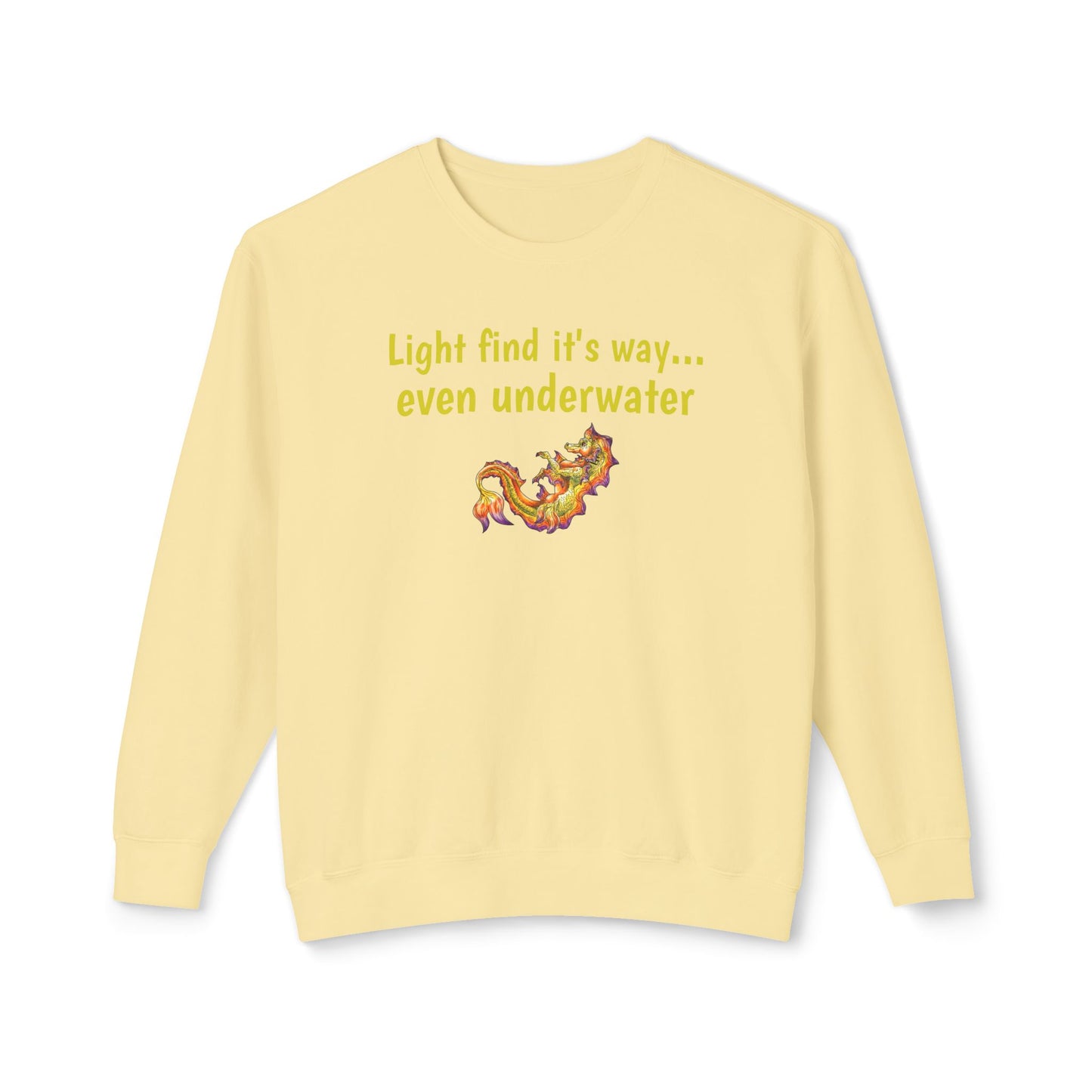 Baby Sunrise Hippocampus – Light Underwater- Golden Ocean Fantasy Art – Warm Fantasy Sea Creature Art- Unisex Crewneck