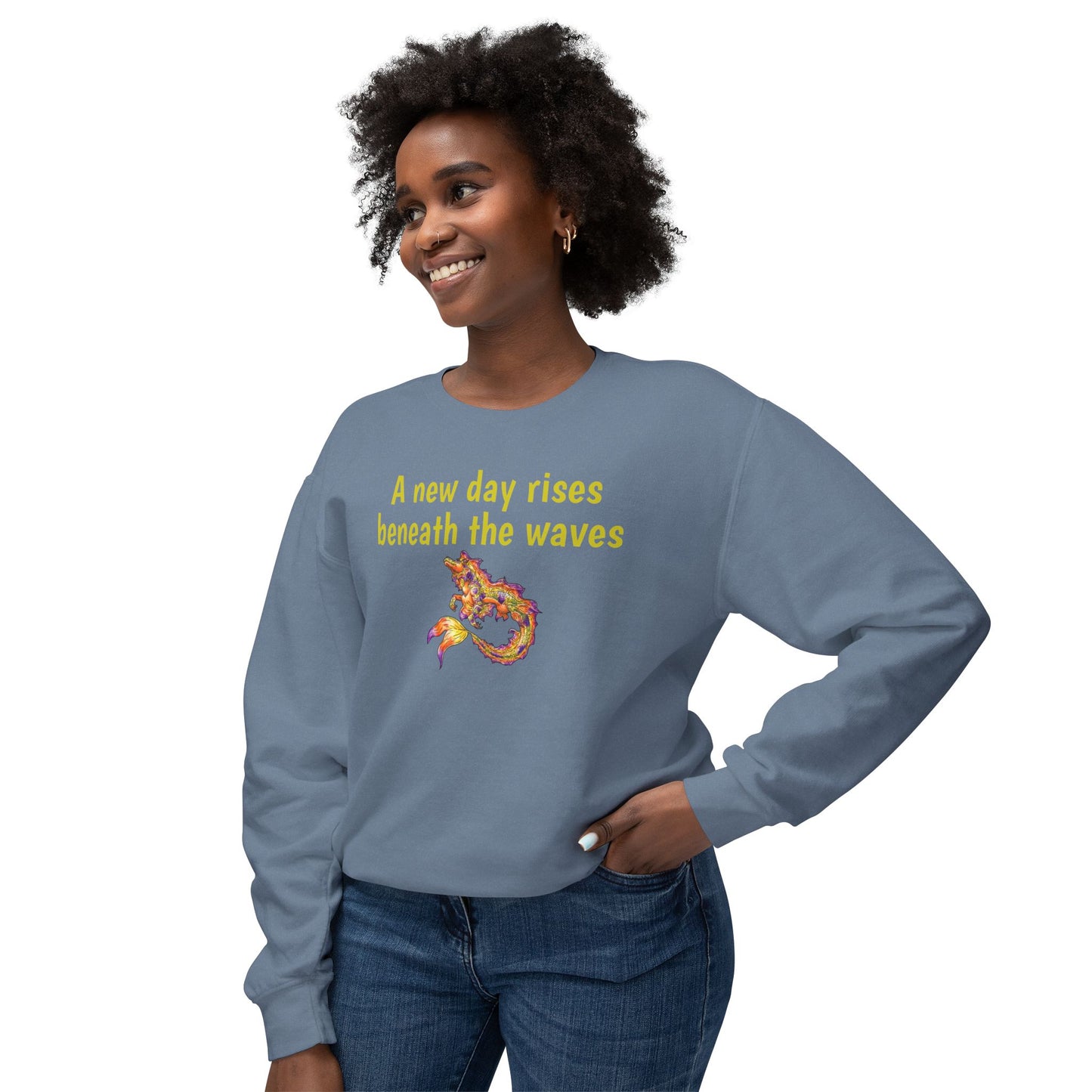 Sunrise Hippocampus – New Day- Golden Ocean Fantasy Art – Warm Fantasy Sea Creature Art- Unisex Crewneck