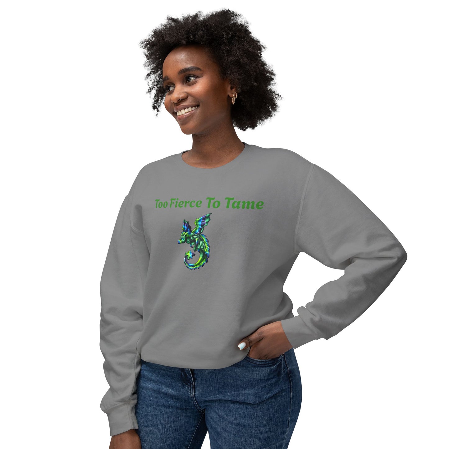 Arlith- Emerald Chibi Dragon – Aggressive Green Fantasy Chibi Dragon Art – Too fierce to tame crewneck – Mythical Creature– Dragon Lover Gift Unisex Crewneck