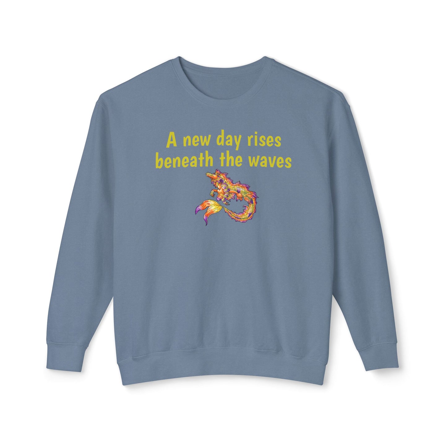Sunrise Hippocampus – New Day- Golden Ocean Fantasy Art – Warm Fantasy Sea Creature Art- Unisex Crewneck