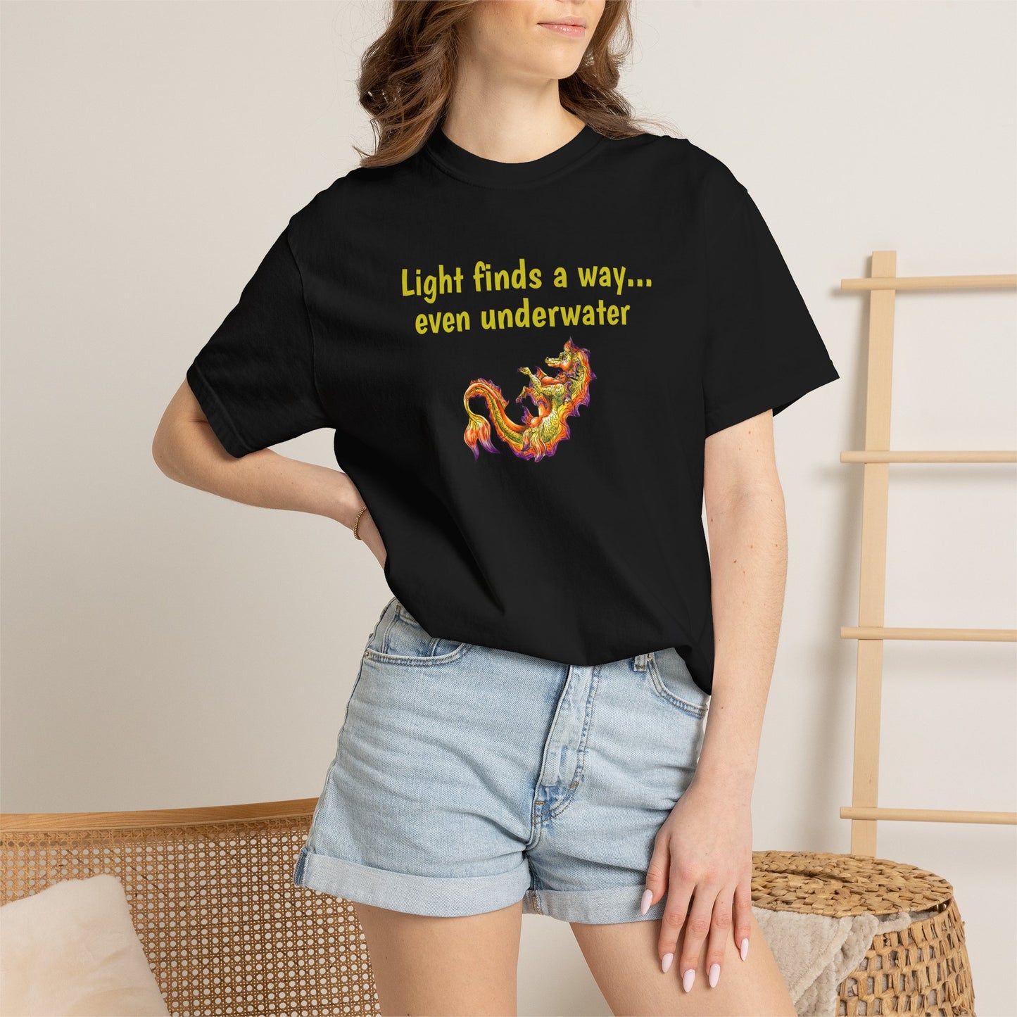 Baby Sunrise Hippocampus – Light Underwater- Golden Ocean Fantasy Art – Warm Fantasy Sea Creature Art-T-Shirt