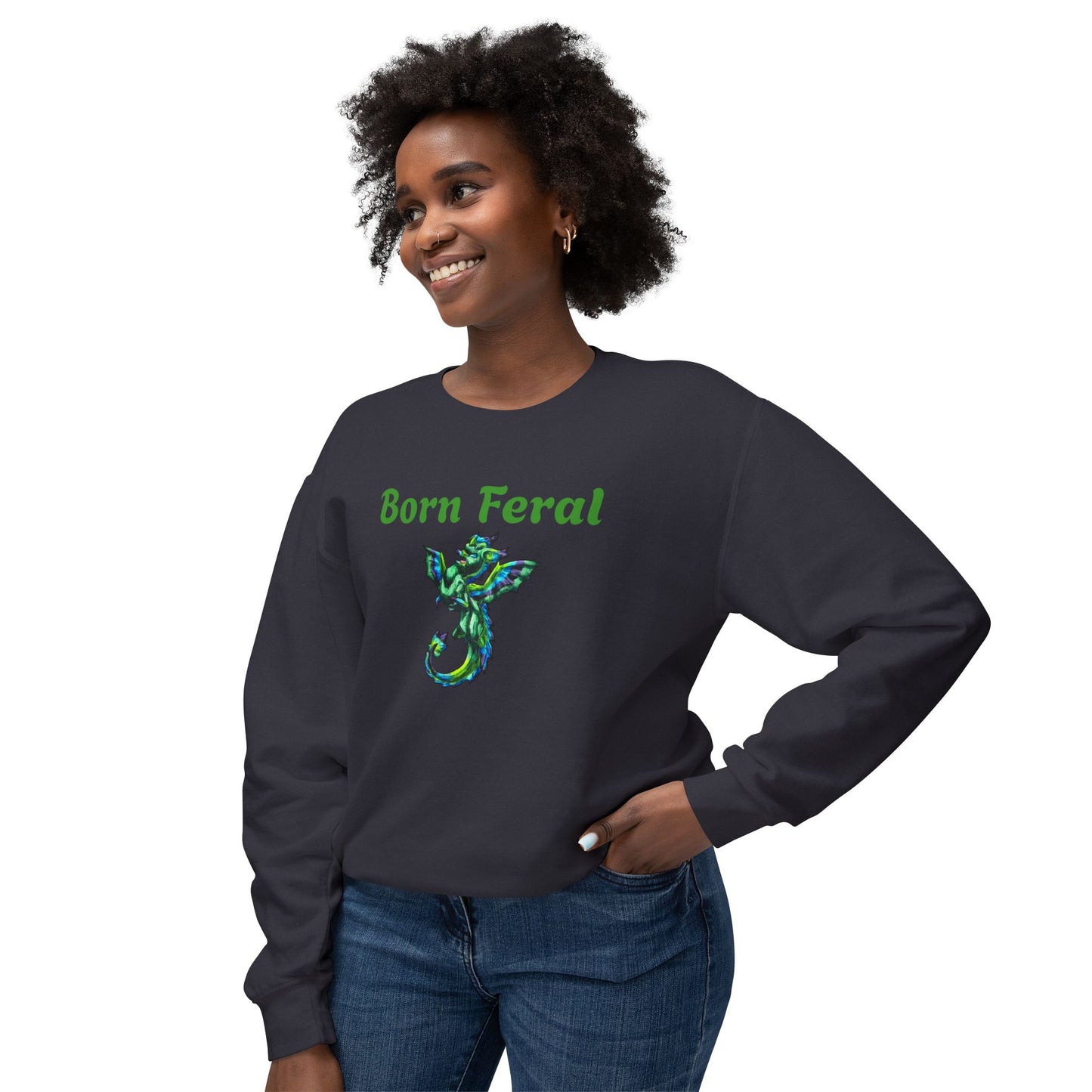 Arlith- Emerald Chibi Dragon – Aggressive Green Fantasy Chibi Dragon– Born Feral Crewneck – Mythical Creature– Dragon Lover Gift Unisex Crewneck