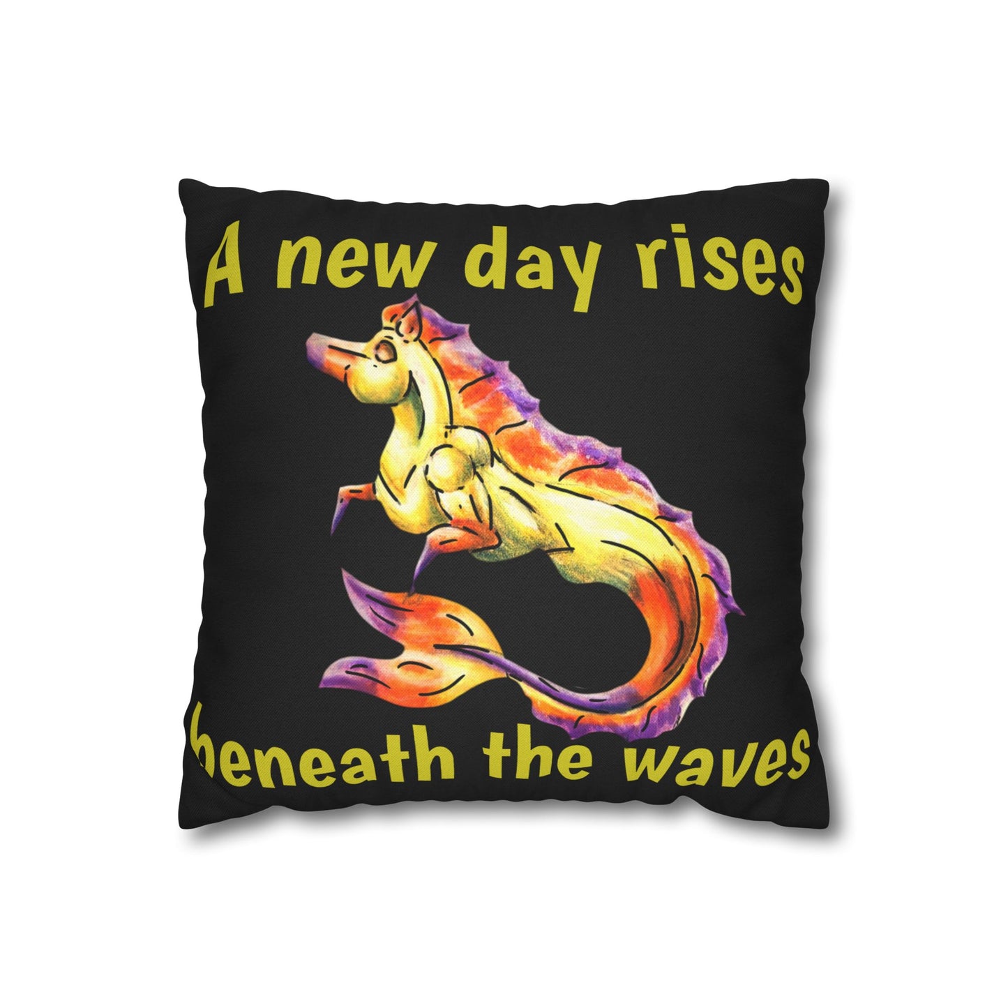 Chibi Sunrise Hippocampus – Golden Ocean Fantasy Art – Warm Fantasy Sea Creature Art- Double-sided Pillowcase
