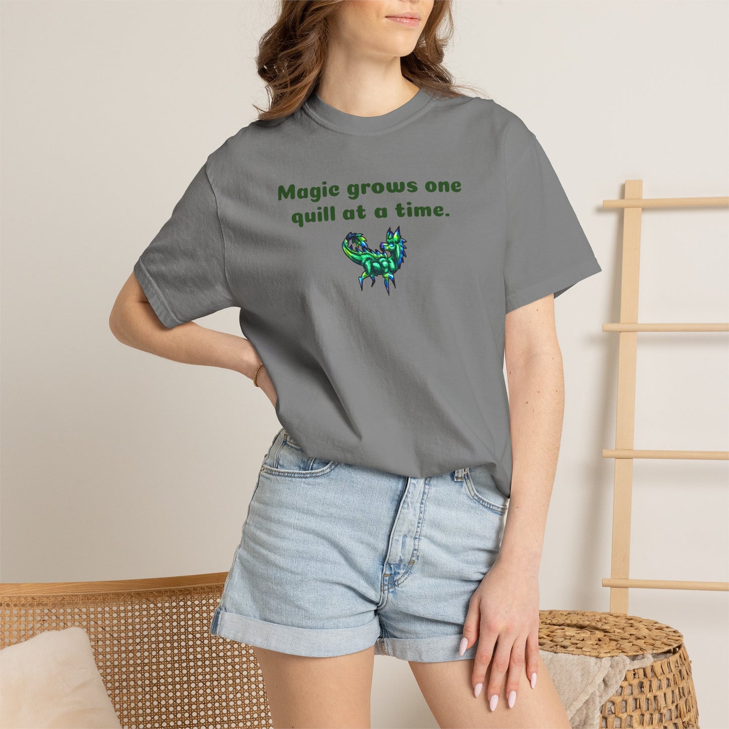 Chibi Arlathia the Hedgehog- Magic Quill- Green Creature Drawing - Cute Animal Illustration- T-shirt