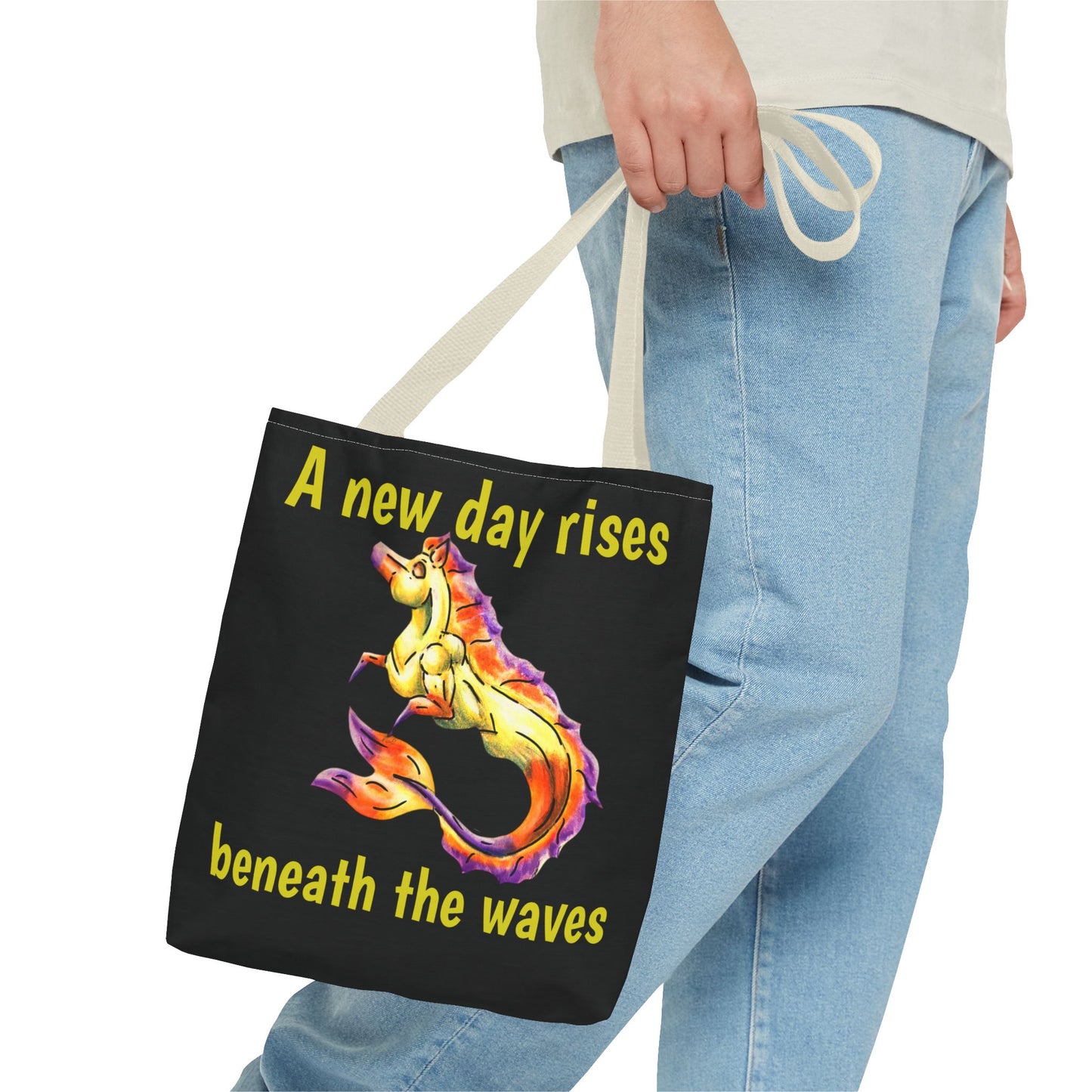 Chibi Sunrise Hippocampus – Golden Ocean Fantasy Art – Warm Fantasy Sea Creature Art-Double-Sided Tote Bag