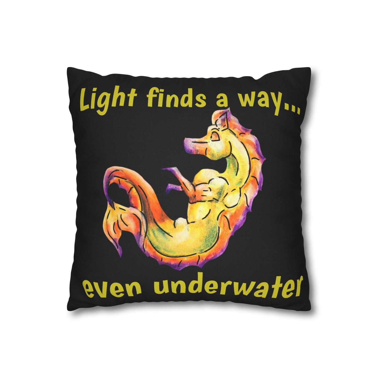 Chibi Sunrise Hippocampus – Golden Ocean Fantasy Art – Warm Fantasy Sea Creature Art- Double-sided Pillowcase
