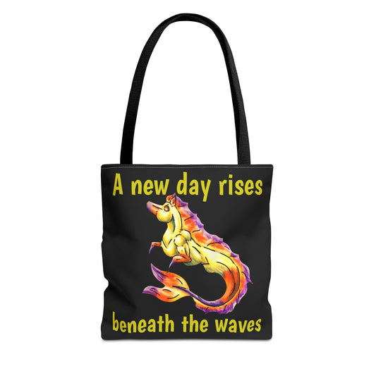 Chibi Sunrise Hippocampus – Golden Ocean Fantasy Art – Warm Fantasy Sea Creature Art-Double-Sided Tote Bag