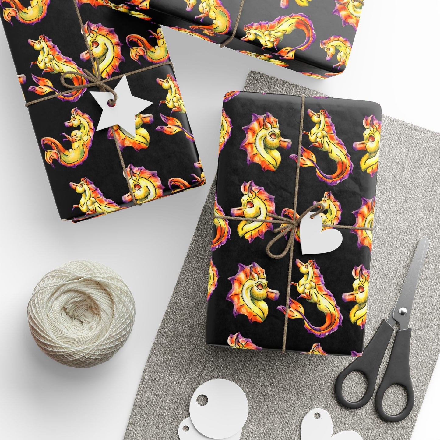 Chibi Sunrise Hippocampus Pattern- Golden Ocean Fantasy Art – Warm Fantasy Sea Creature Art- Wrapping Paper