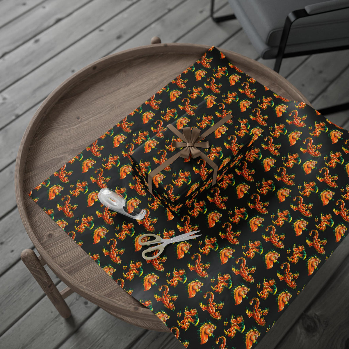 Chibi Fall Dragon- Pattern- Autumn Fantasy- Gift Wrap