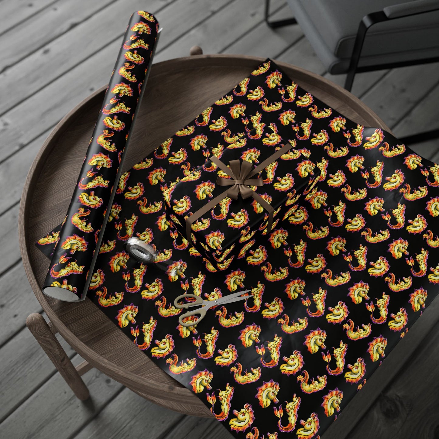 Chibi Sunrise Hippocampus Pattern- Golden Ocean Fantasy Art – Warm Fantasy Sea Creature Art- Wrapping Paper