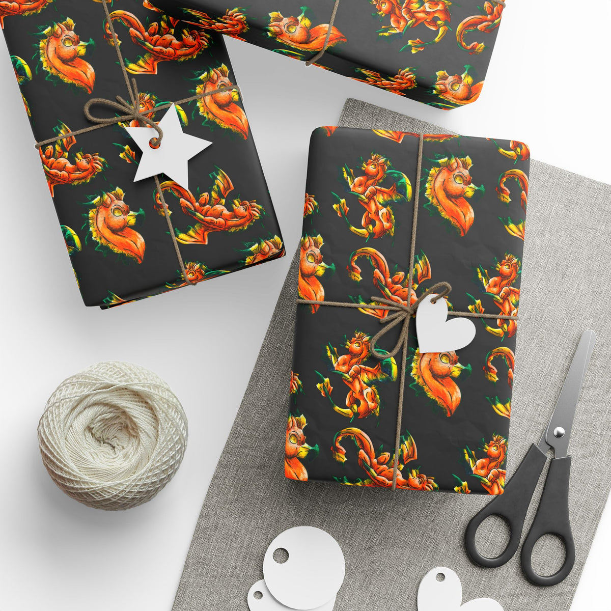 Chibi Fall Dragon- Pattern- Autumn Fantasy- Gift Wrap