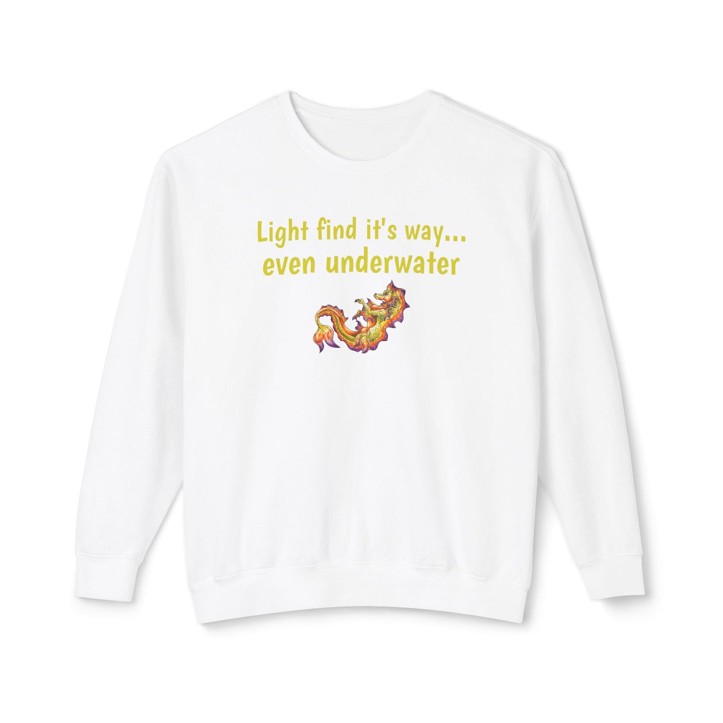 Baby Sunrise Hippocampus – Light Underwater- Golden Ocean Fantasy Art – Warm Fantasy Sea Creature Art- Unisex Crewneck