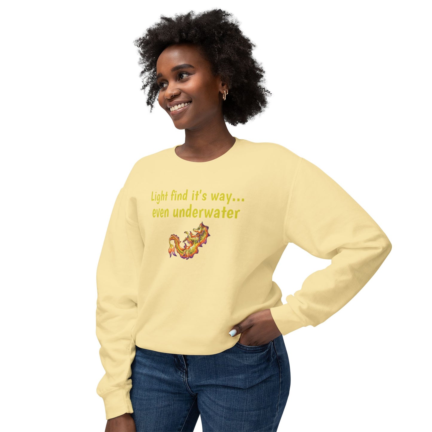 Baby Sunrise Hippocampus – Light Underwater- Golden Ocean Fantasy Art – Warm Fantasy Sea Creature Art- Unisex Crewneck