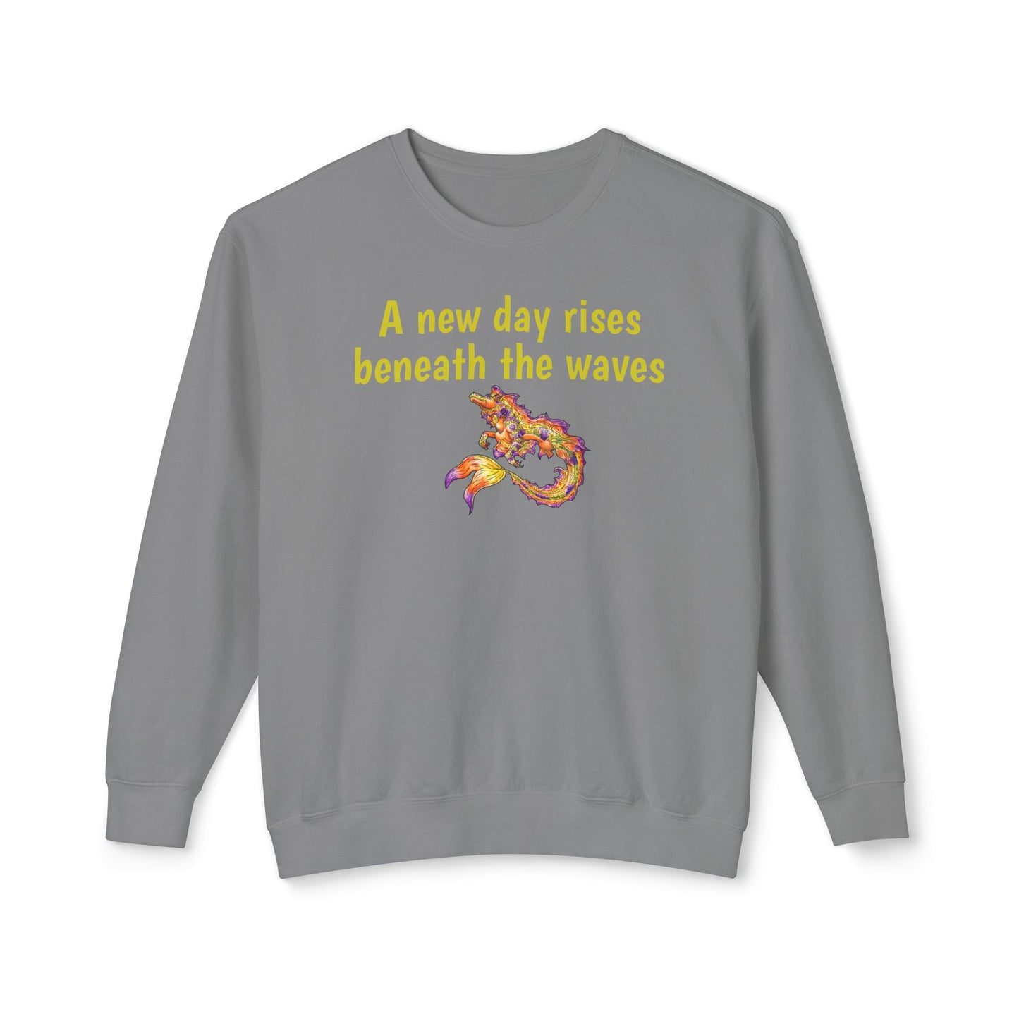 Sunrise Hippocampus – New Day- Golden Ocean Fantasy Art – Warm Fantasy Sea Creature Art- Unisex Crewneck