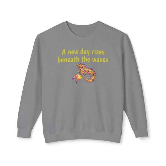 Sunrise Hippocampus – New Day- Golden Ocean Fantasy Art – Warm Fantasy Sea Creature Art- Unisex Crewneck