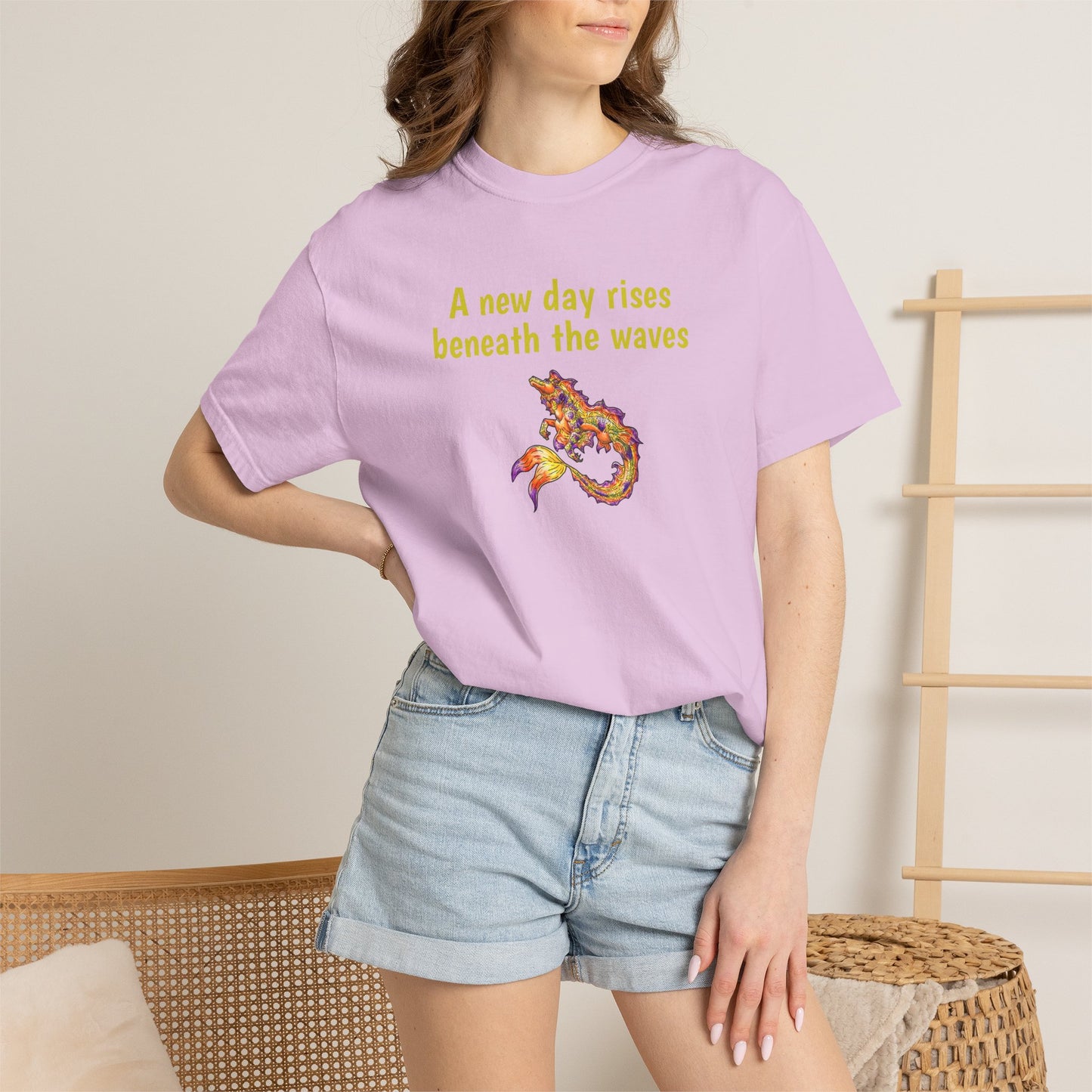 Sunrise Hippocampus – New Day- Golden Ocean Fantasy Art – Warm Fantasy Sea Creature Art- T-Shirt