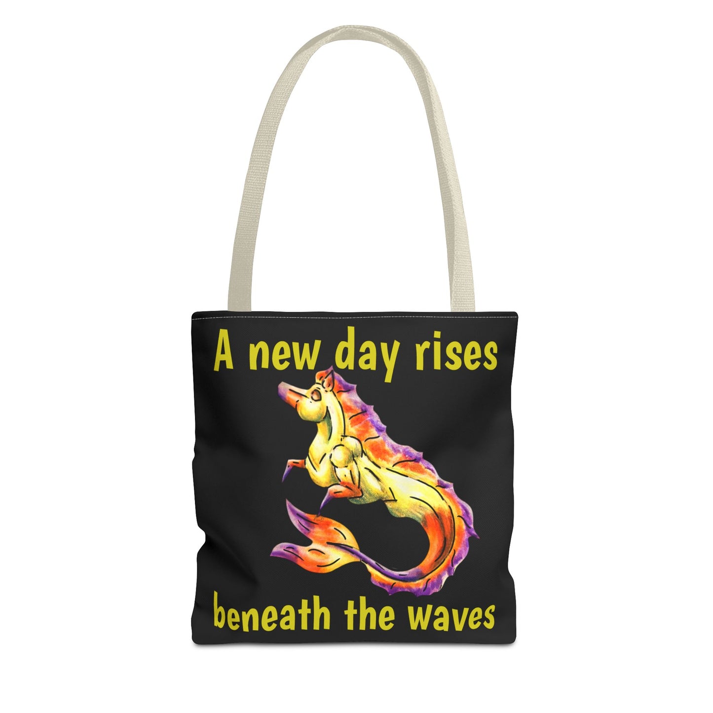 Chibi Sunrise Hippocampus – Golden Ocean Fantasy Art – Warm Fantasy Sea Creature Art-Double-Sided Tote Bag