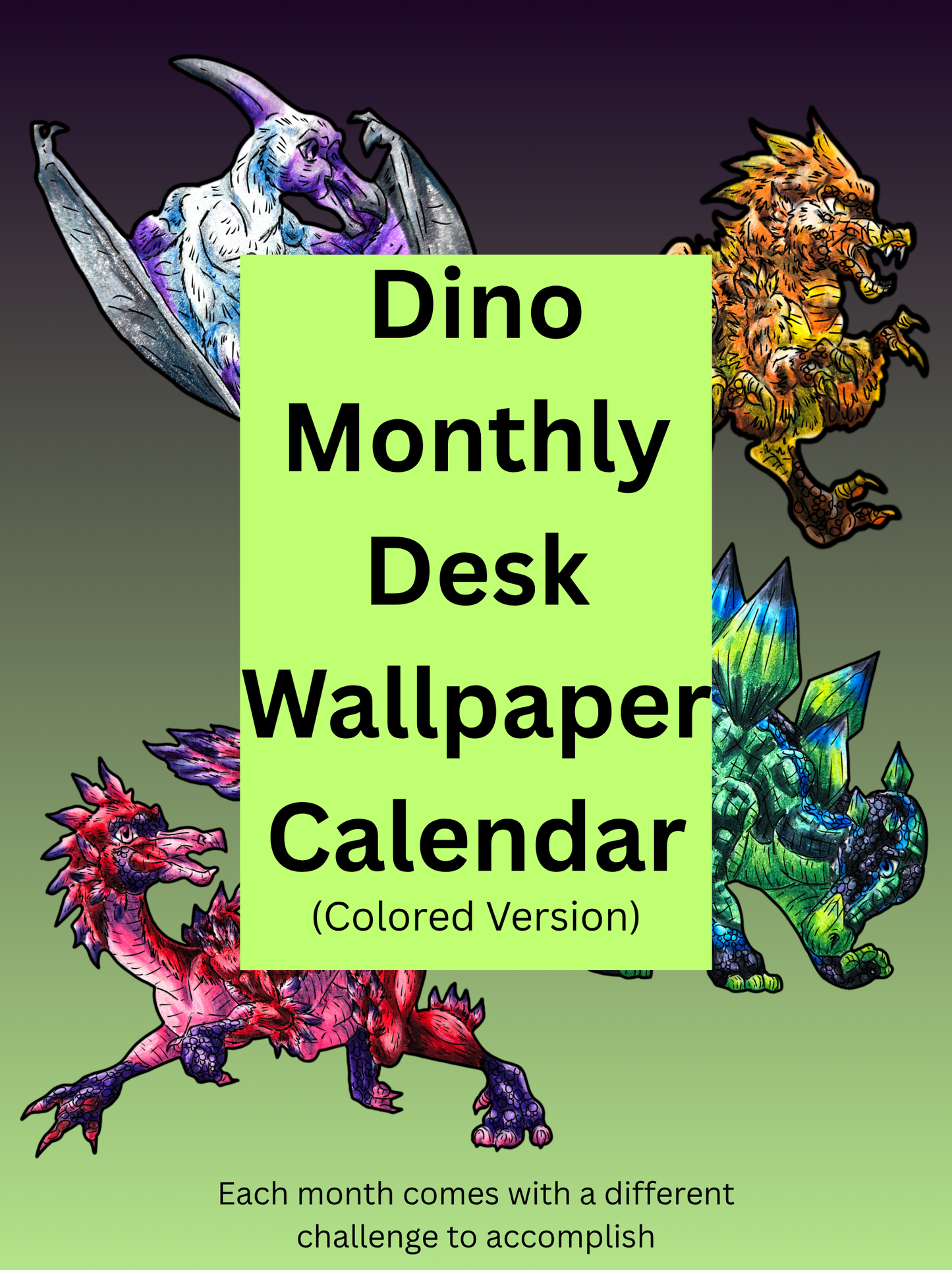 12-Month Dinosaur Adventure Calendar DIGITAL DOWNLOAD Colored Version