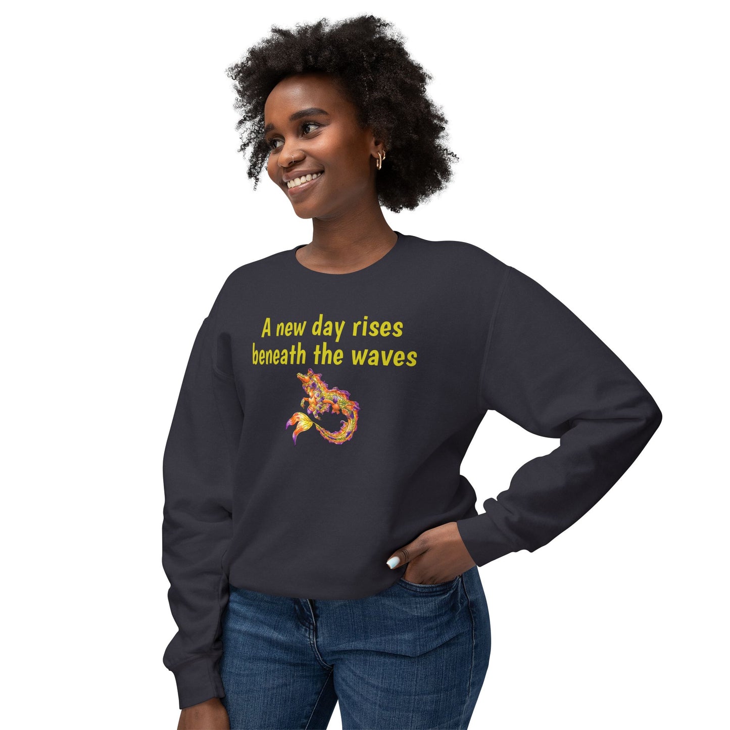 Sunrise Hippocampus – New Day- Golden Ocean Fantasy Art – Warm Fantasy Sea Creature Art- Unisex Crewneck