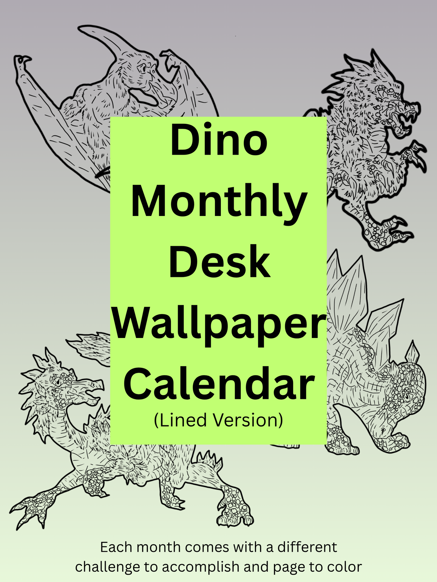 12-Month Dinosaur Adventure Calendar DIGITAL DOWNLOAD Line Art Version