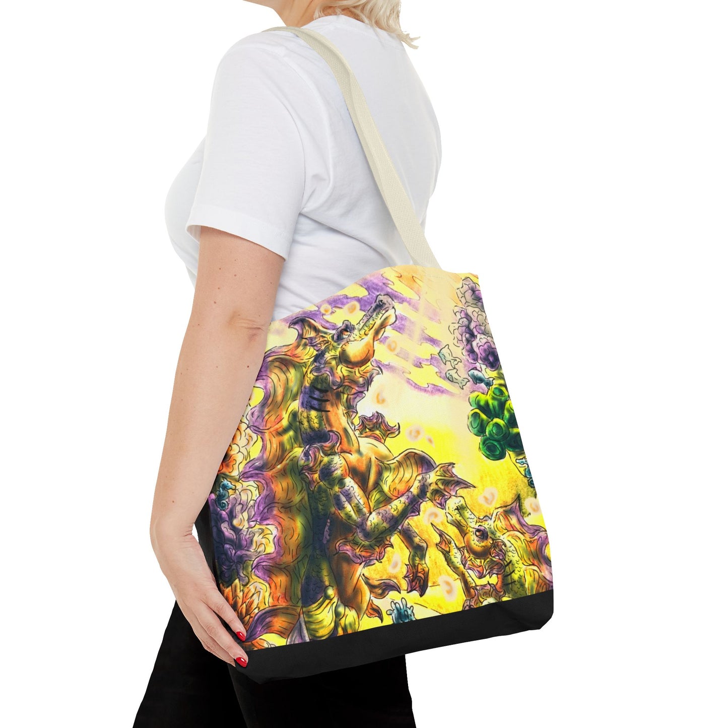 Sunrise Hippocampus – Golden Ocean Fantasy Art – Warm Fantasy Sea Creature Art-Double-Sided Tote Bag