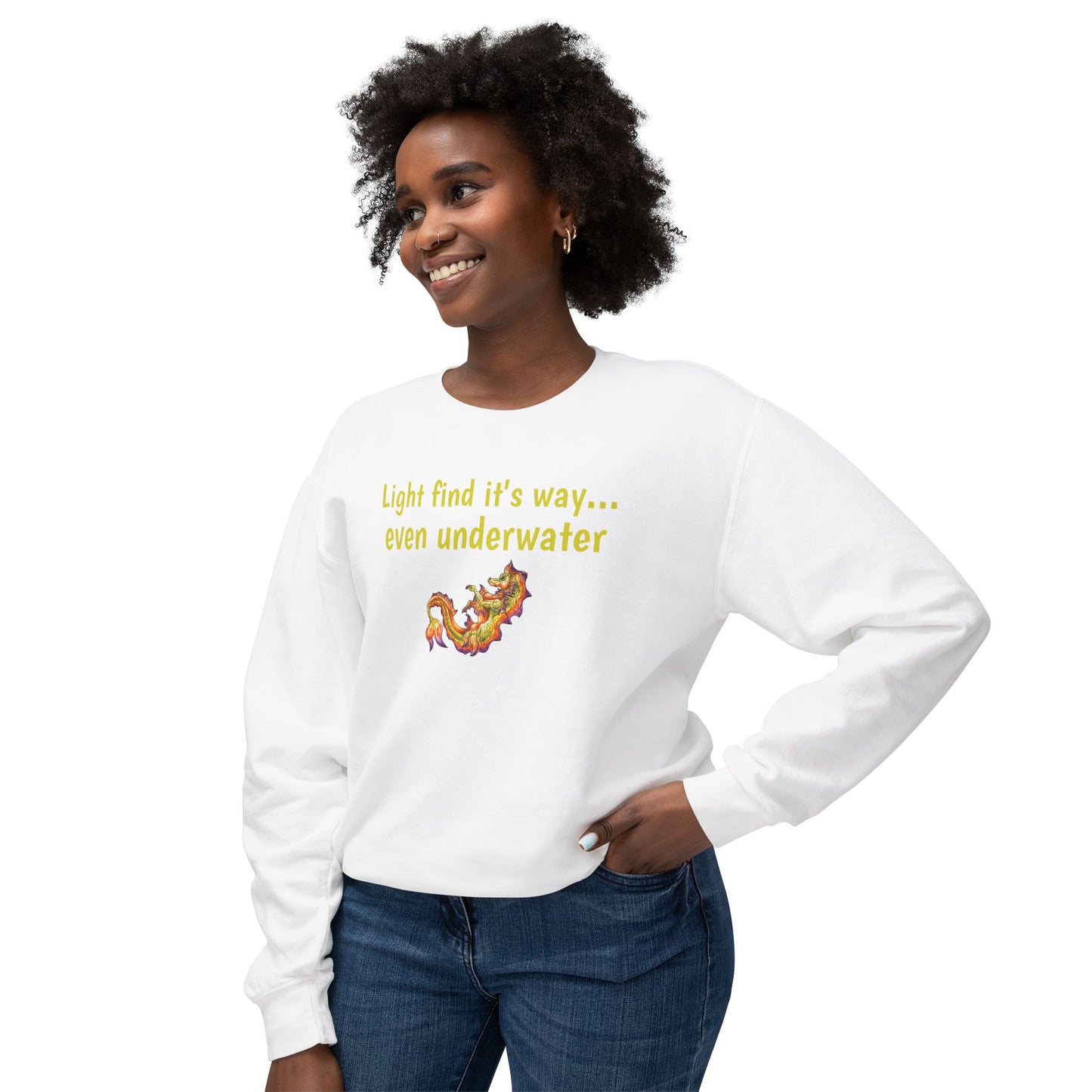 Baby Sunrise Hippocampus – Light Underwater- Golden Ocean Fantasy Art – Warm Fantasy Sea Creature Art- Unisex Crewneck