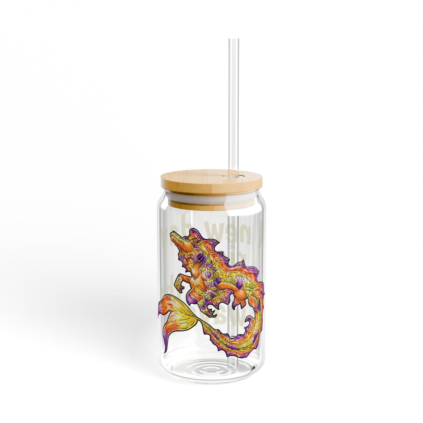 Chibi Sunrise Hippocampus – New Day- Golden Ocean Fantasy Art – Warm Fantasy Sea Creature Art- Glass Tumbler 16oz