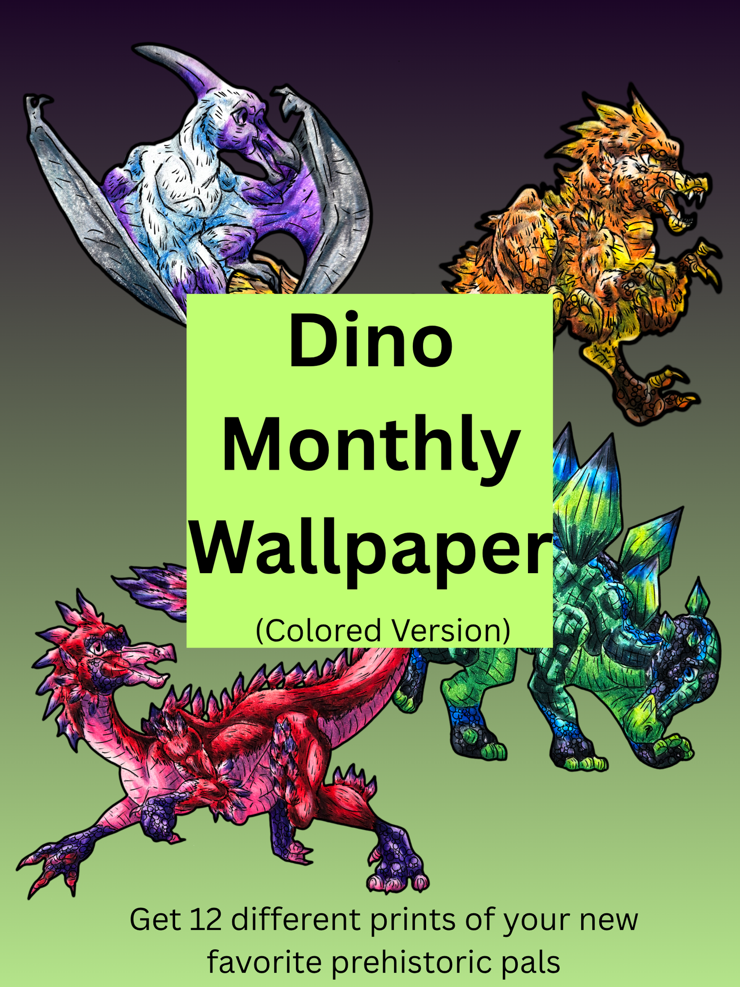 12 Dinosaur Print Pack DIGITAL DOWNLOAD Colored Version