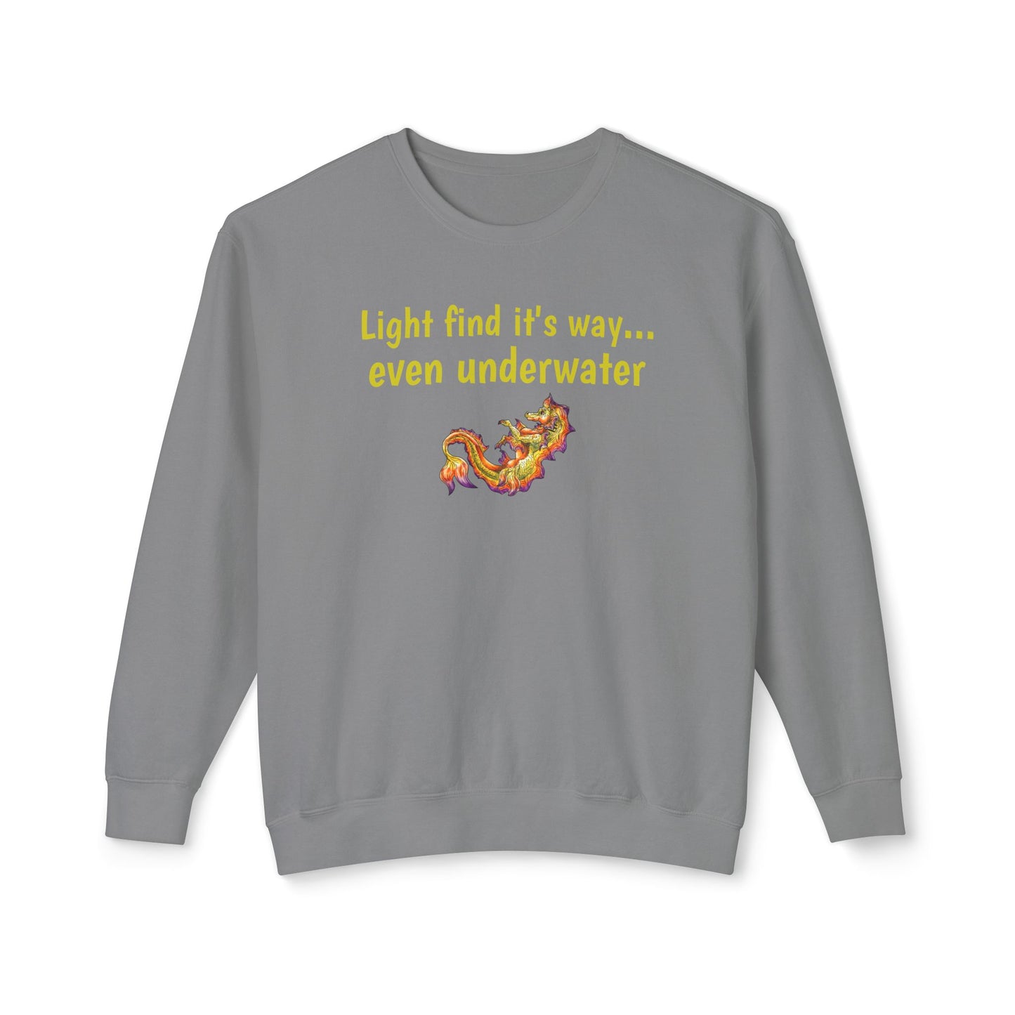 Baby Sunrise Hippocampus – Light Underwater- Golden Ocean Fantasy Art – Warm Fantasy Sea Creature Art- Unisex Crewneck
