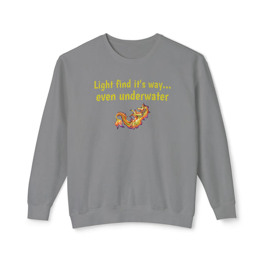 Baby Sunrise Hippocampus – Light Underwater- Golden Ocean Fantasy Art – Warm Fantasy Sea Creature Art- Unisex Crewneck