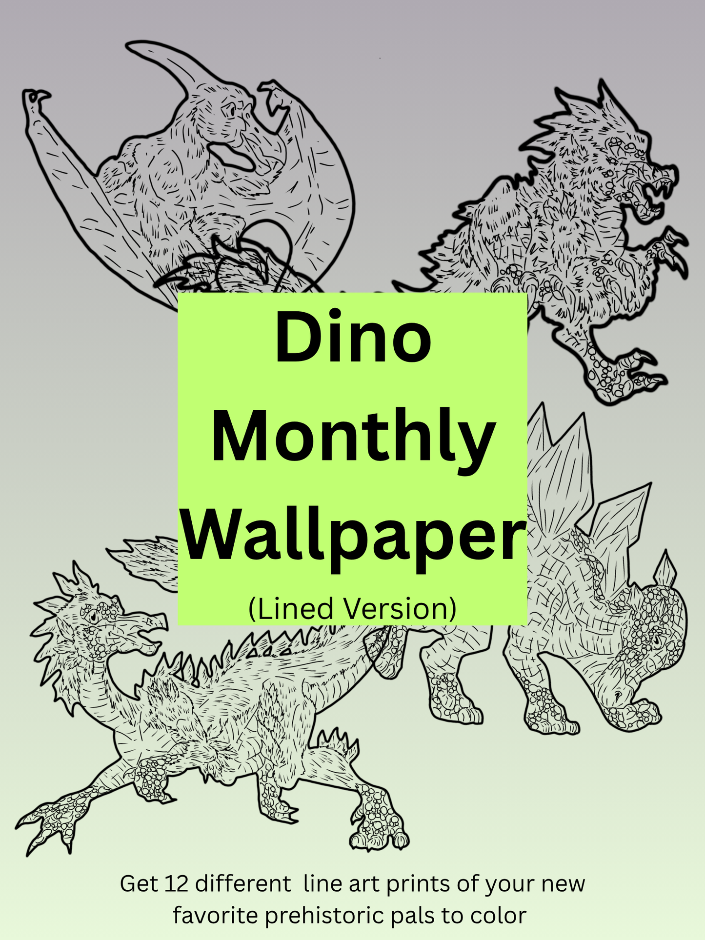 12 Dinosaur Print Pack DIGITAL DOWNLOAD Line Art Version
