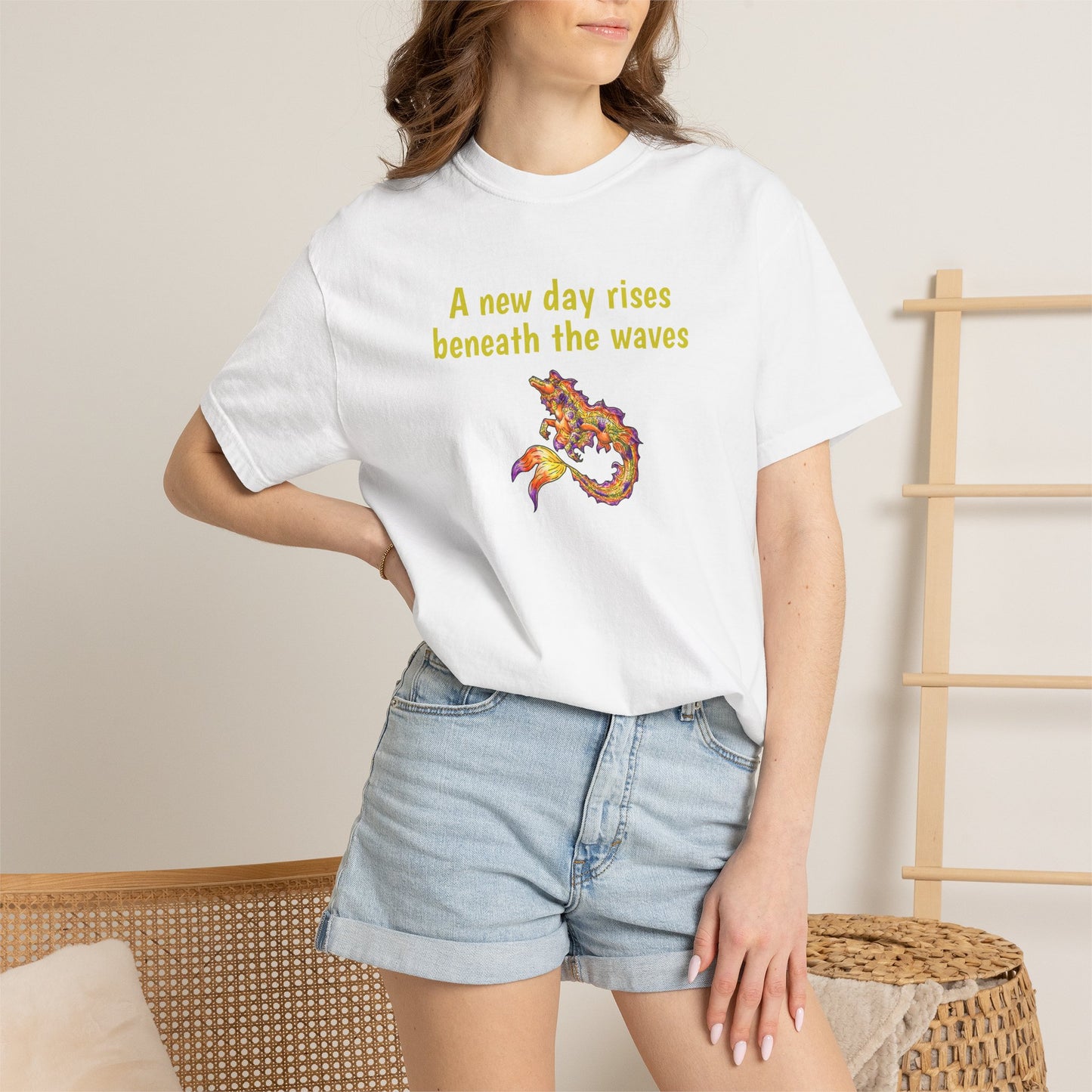Sunrise Hippocampus – New Day- Golden Ocean Fantasy Art – Warm Fantasy Sea Creature Art- T-Shirt