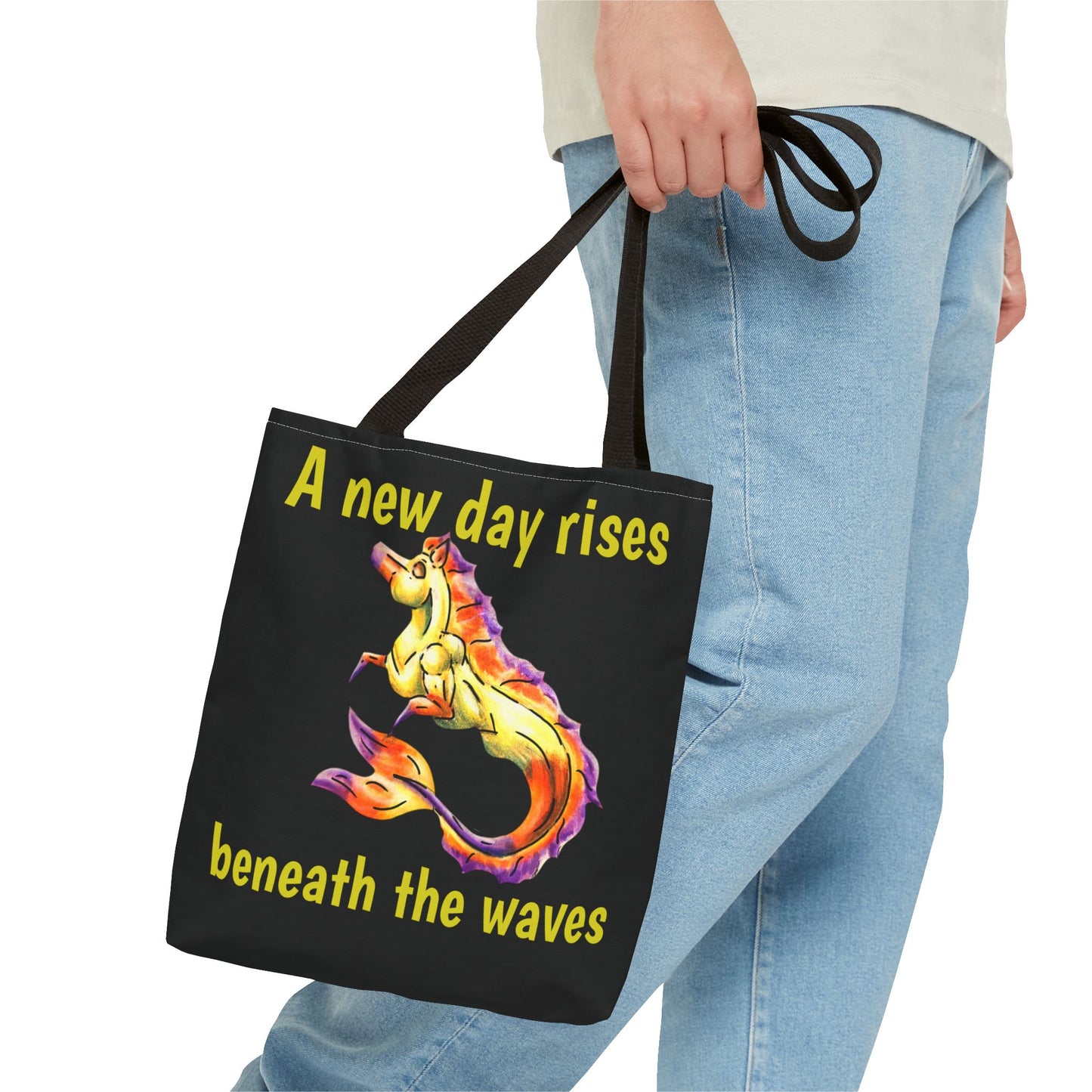 Chibi Sunrise Hippocampus – Golden Ocean Fantasy Art – Warm Fantasy Sea Creature Art-Double-Sided Tote Bag