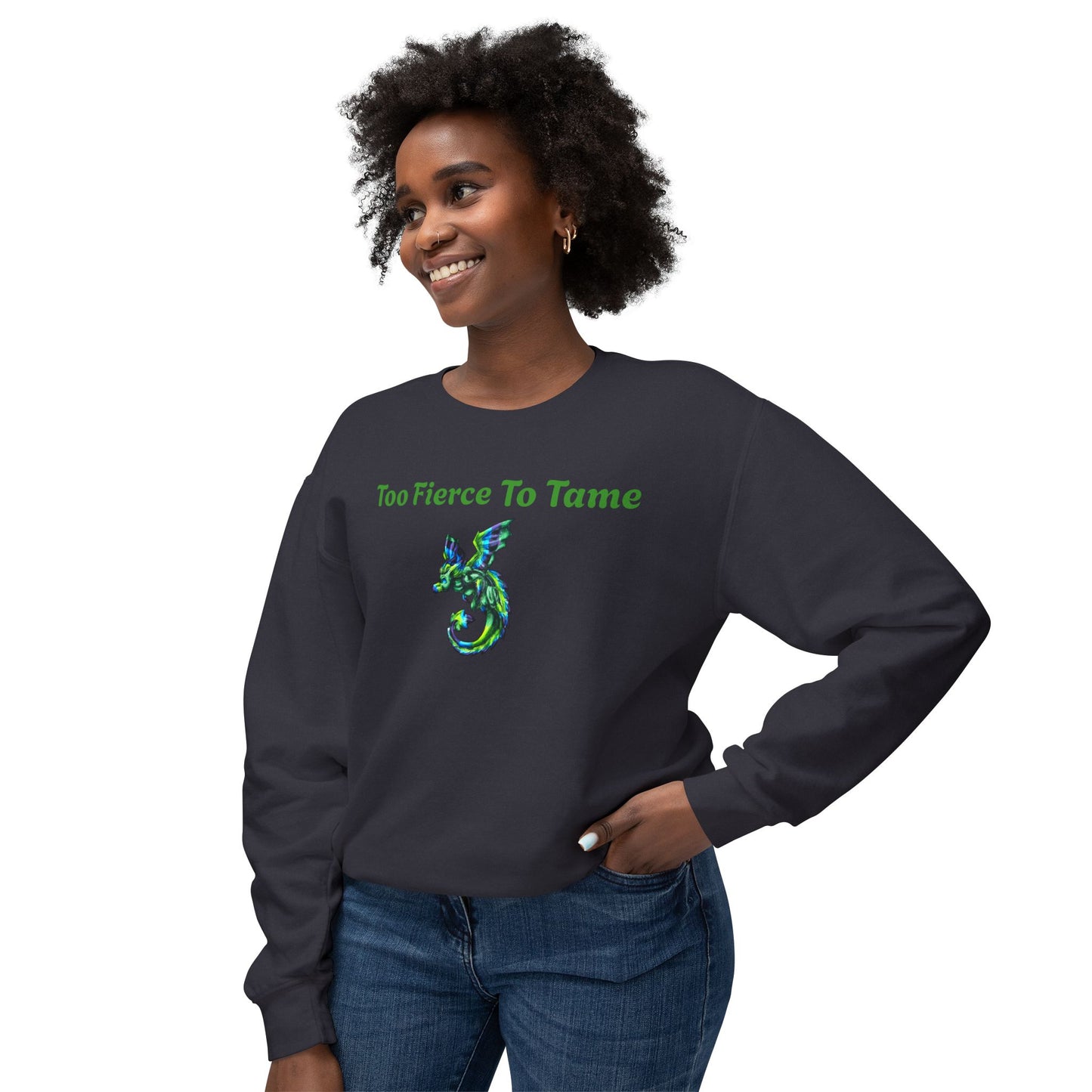 Arlith- Emerald Chibi Dragon – Aggressive Green Fantasy Chibi Dragon Art – Too fierce to tame crewneck – Mythical Creature– Dragon Lover Gift Unisex Crewneck